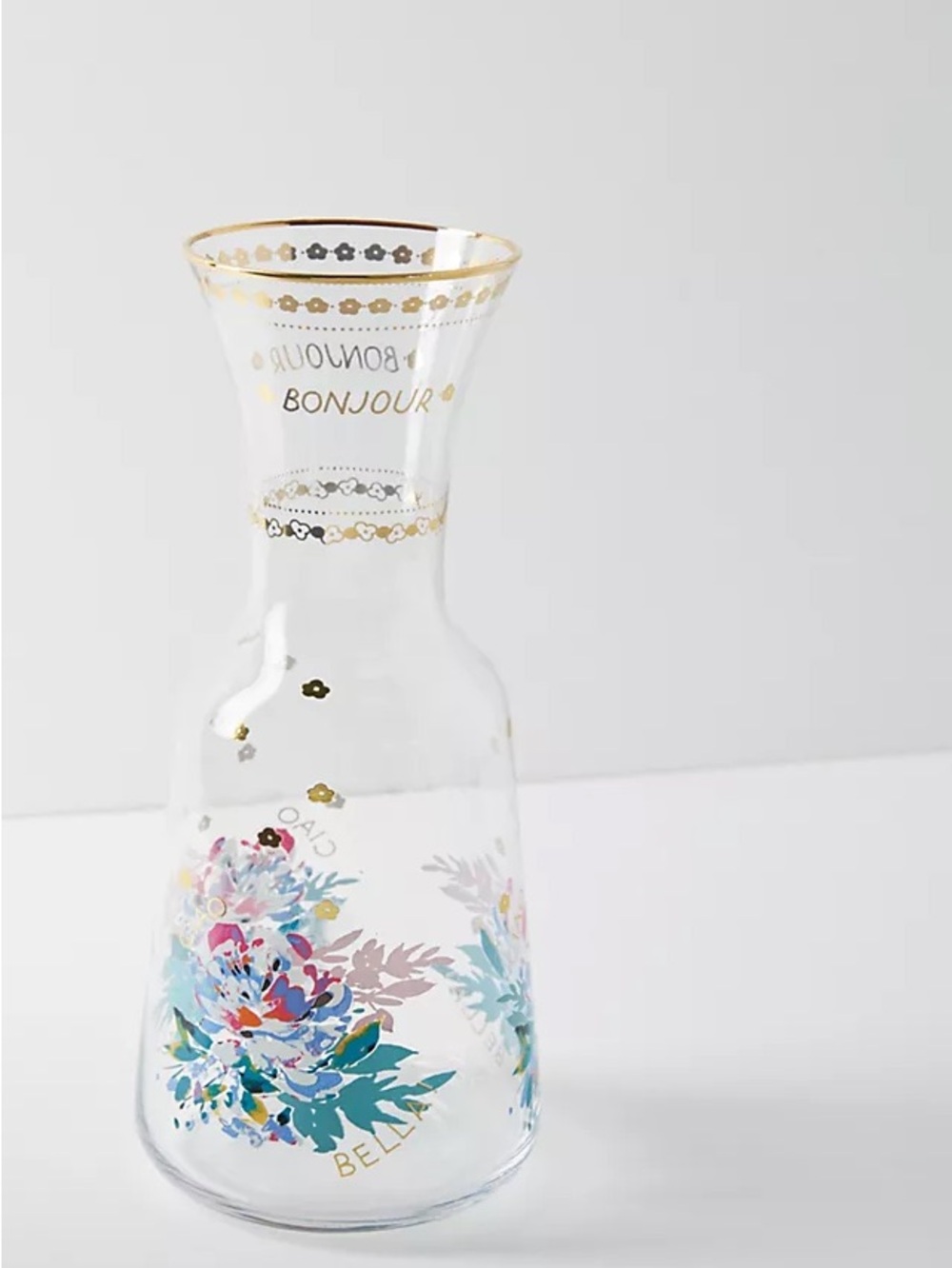 Anthropologie Clear Floral Glass Carafe with Gold Accents